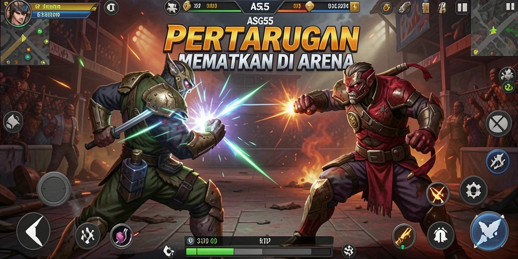 Gambaran seru pertarungan karakter di arena yang dinamis.