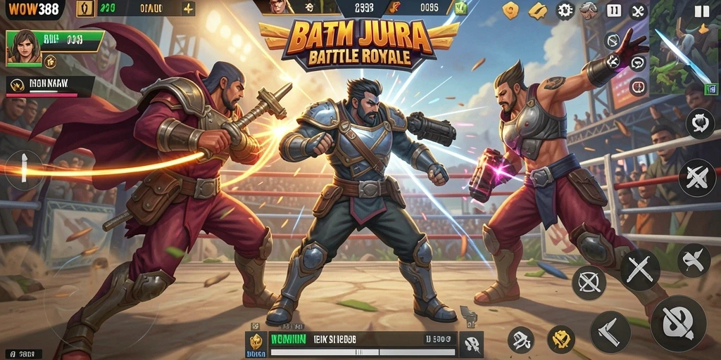 Tangkapan layar WOW388 menampilkan aksi seru dalam pertempuran Battle Royale.